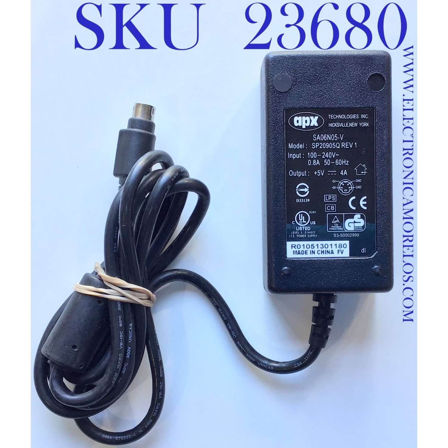 ADAPTADOR APX VCA / NUMERO DE PARTE SA06N05-V / MODELO SP20905Q REV 1 / S3-50002999 / R01051301180 / ENTRADA VCA 100-240V~50-60Hz / SALIDA VCD 5V-4A	